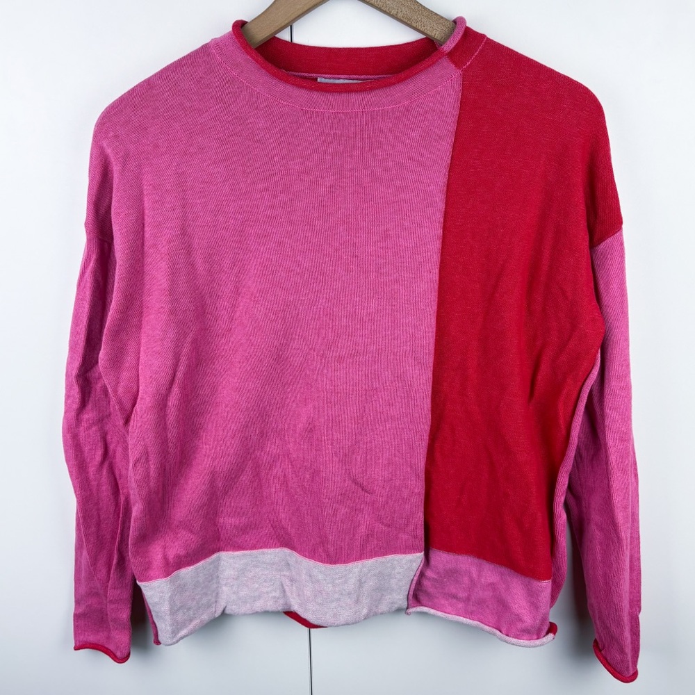 Zaket & Plover Cotton Cashmere Colorblock Pink Red Rollneck Sweater Small